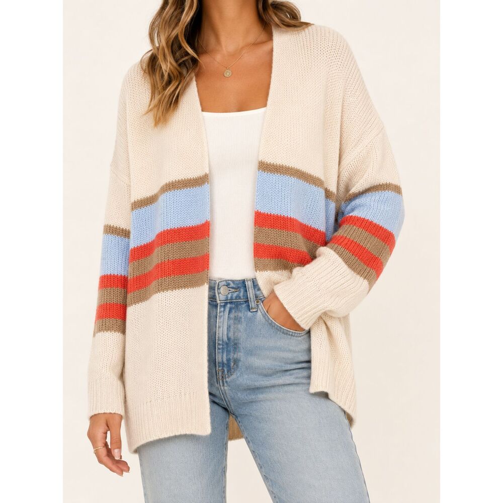 Chic Soul Cardigan 1X Plus Size Striped Colorblock Open Front Coastal Knit